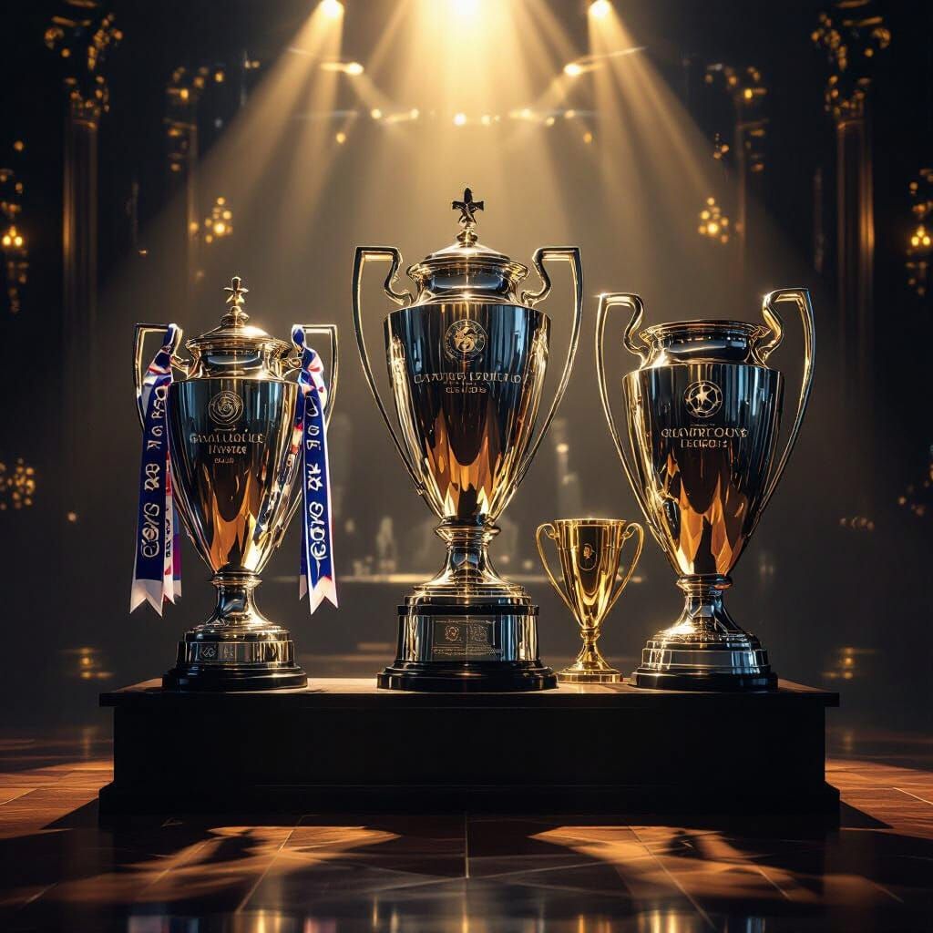 Football Trophies Displayed in Opulent Hall