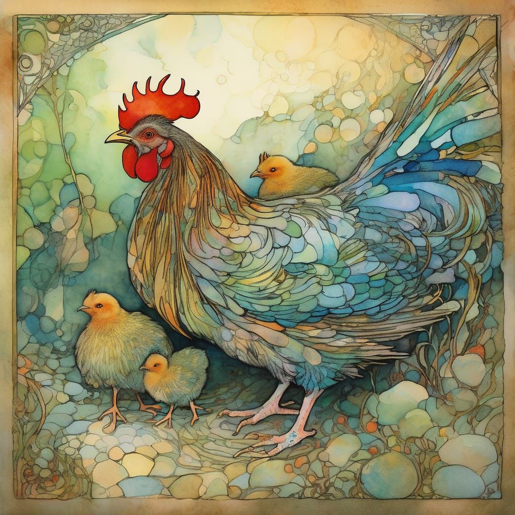 Mother Hen Protects Her Chicks in a Vibrant, Dreamlike Scene