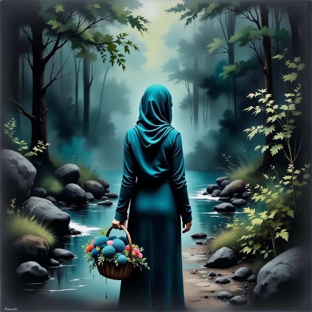 Teal Hijab Woman with Charcoal Ink Forest