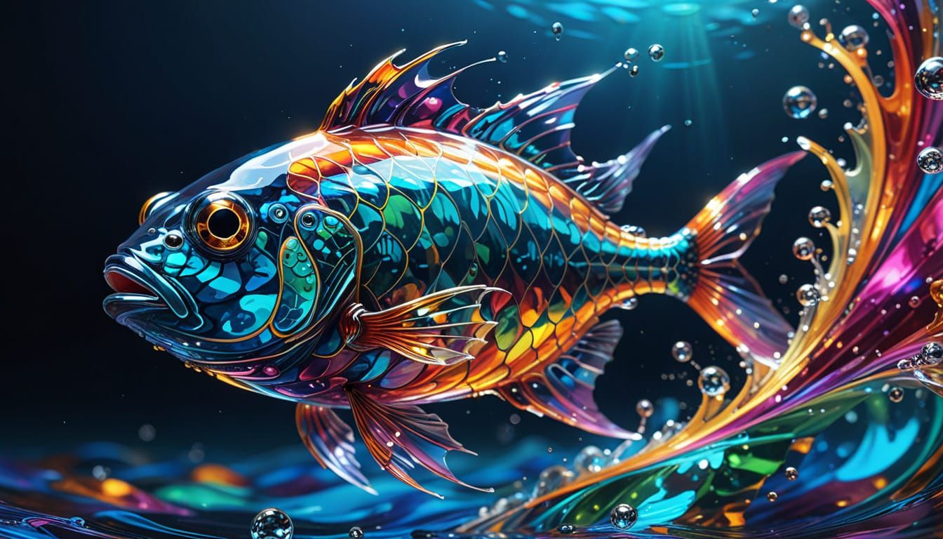 Glass Fish Swimming in Neon Fractal: Digital Art