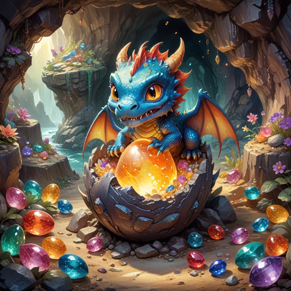 Charming Chibi Dragon Emerging From Egg in Treasure Cave