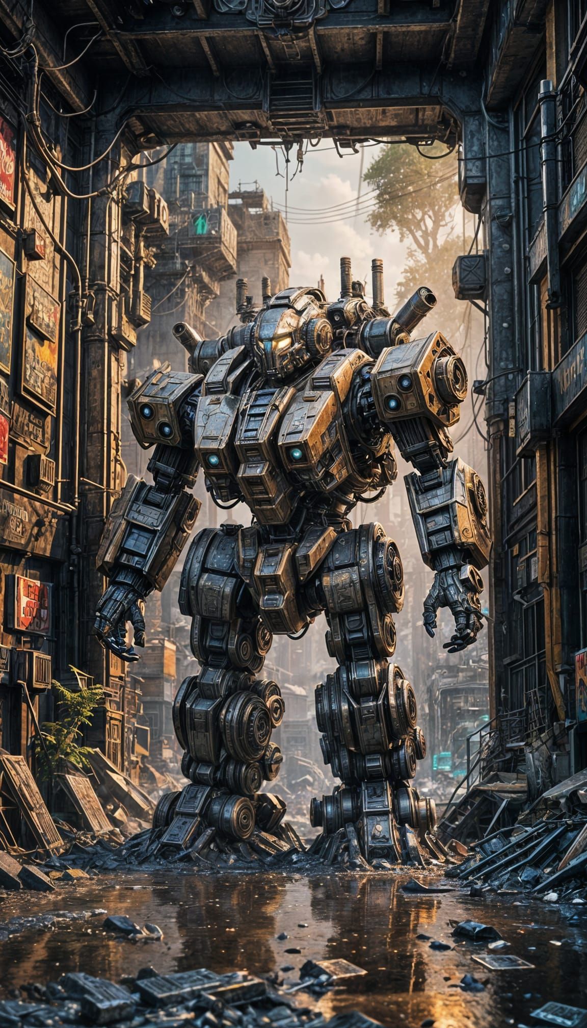 Maximalist Digital Painting of Melting Mech in Urban Setting