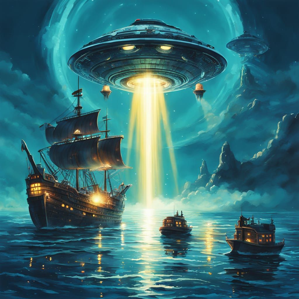 Flying Saucer Tractor Beam over Pirate Galleon