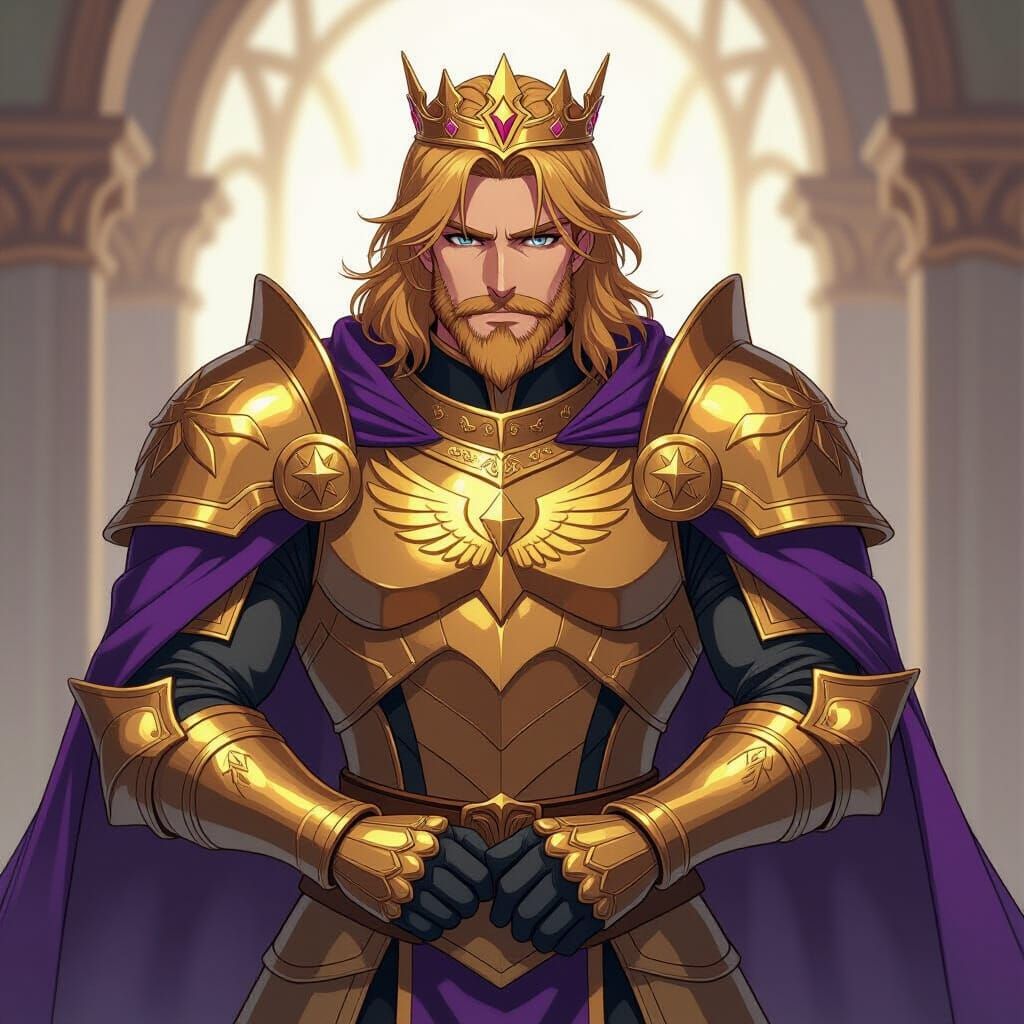 Regal King in Golden Armor with Purple Cape