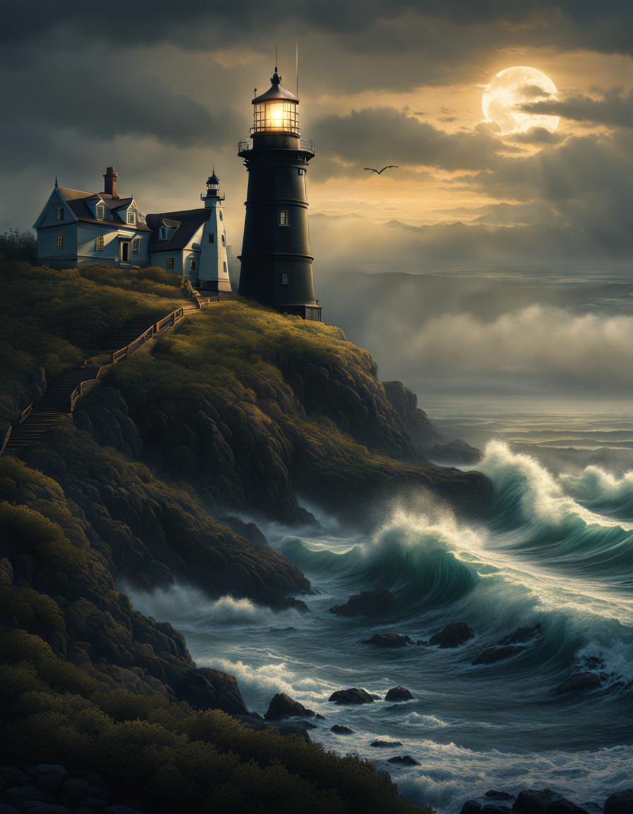 Dark Academia Seascape: Lighthouse Keeper in Digital Art