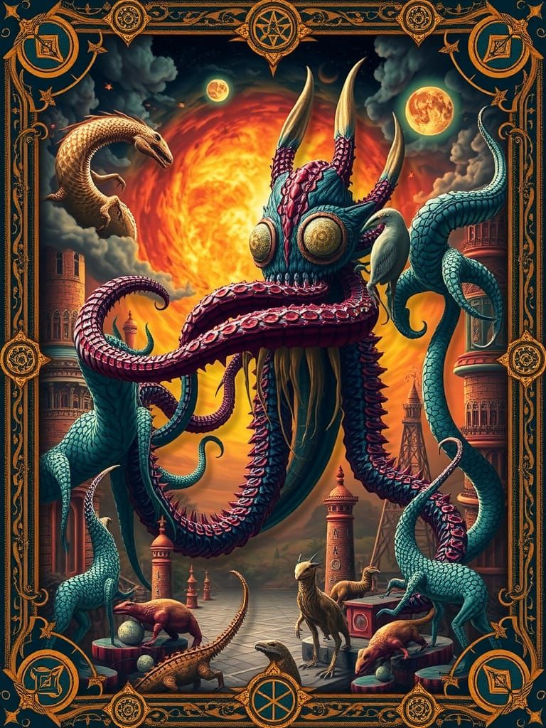 Apocalyptic Tentacled Cryptid Rises in Surreal Landscape