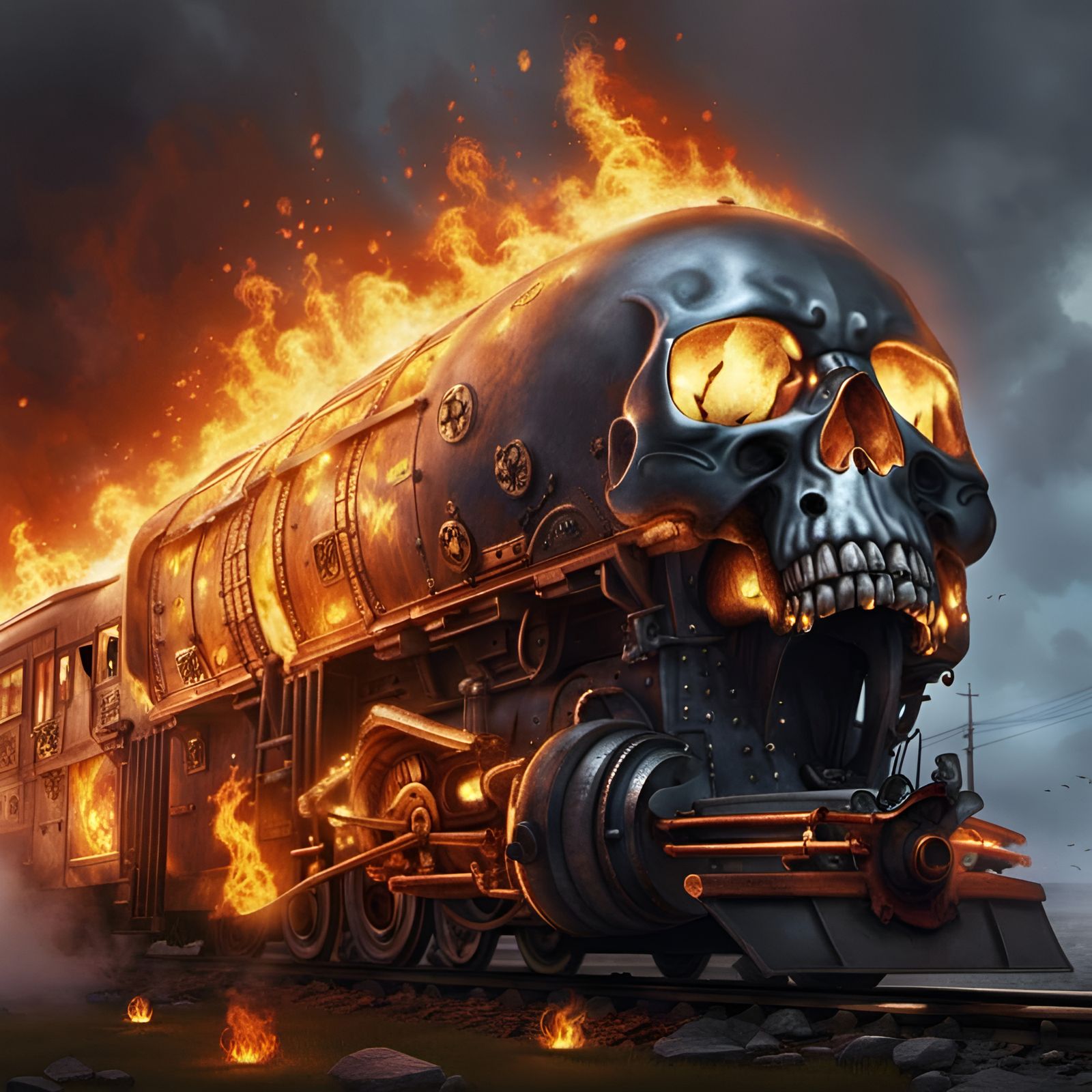 Fiery Skull Train Explosion: Steampunk Demonpunk Art