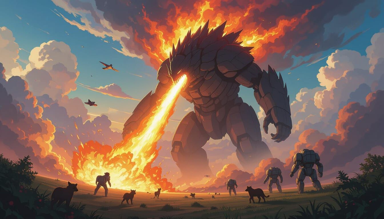 Colossal Fiery Monster Lands, Mech Animals Fight Back