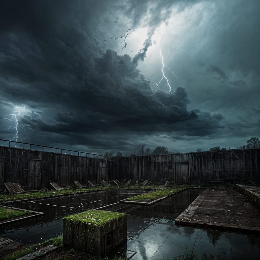 Post-Apocalyptic Swimming Pool in Thunderstorm