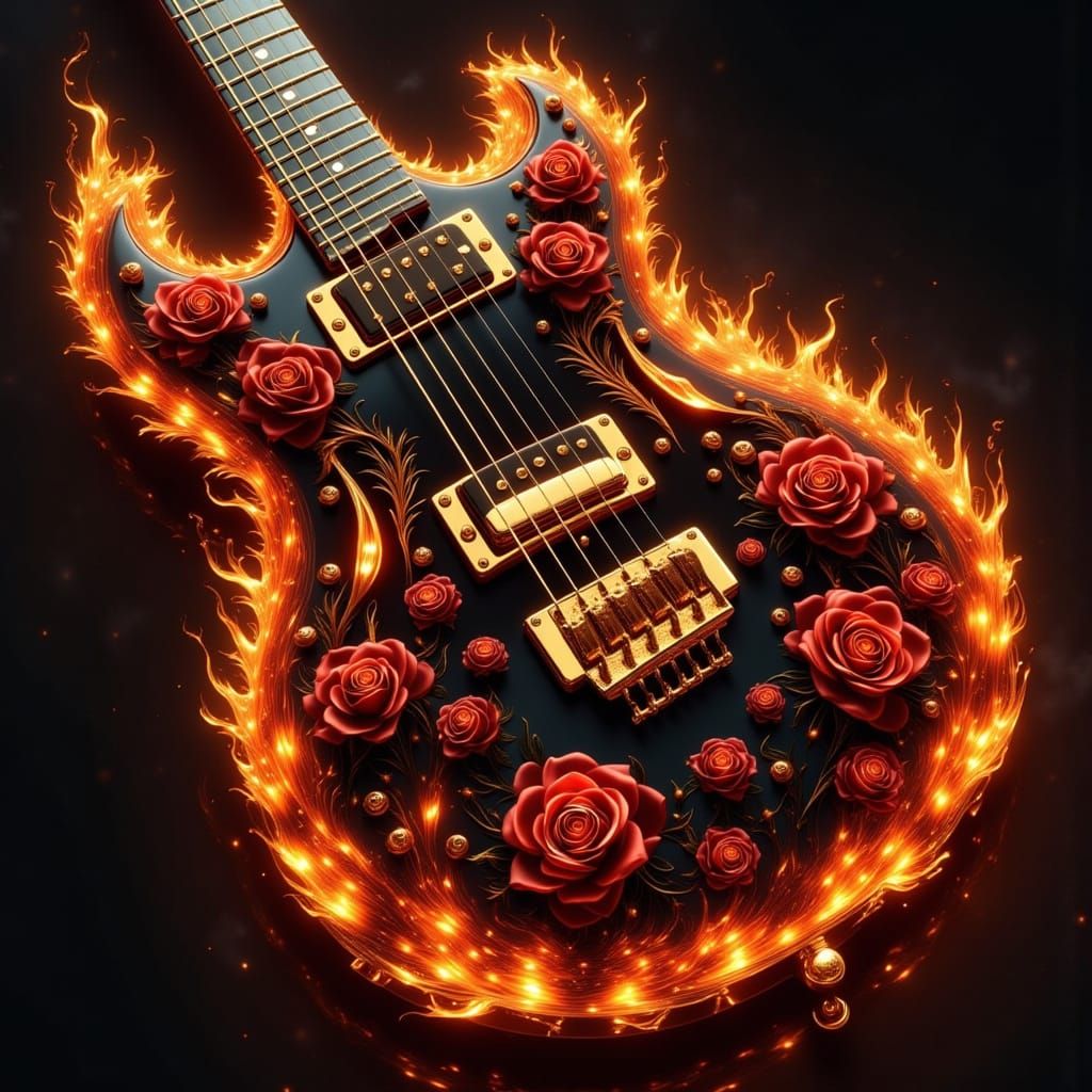 Fiery Guitar Adorned with Roses