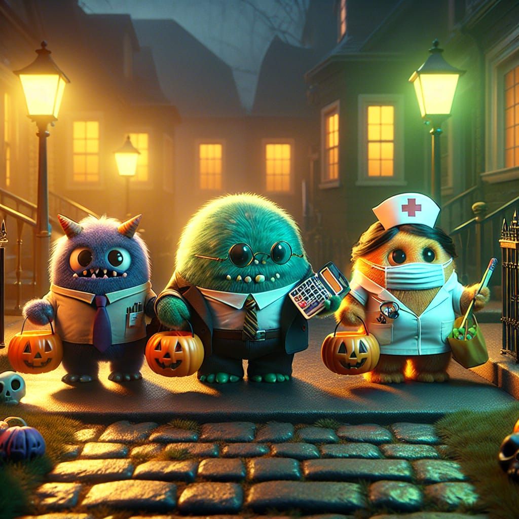 Cartoon Monsters Trick-or-Treat in Spooky CGI Scene