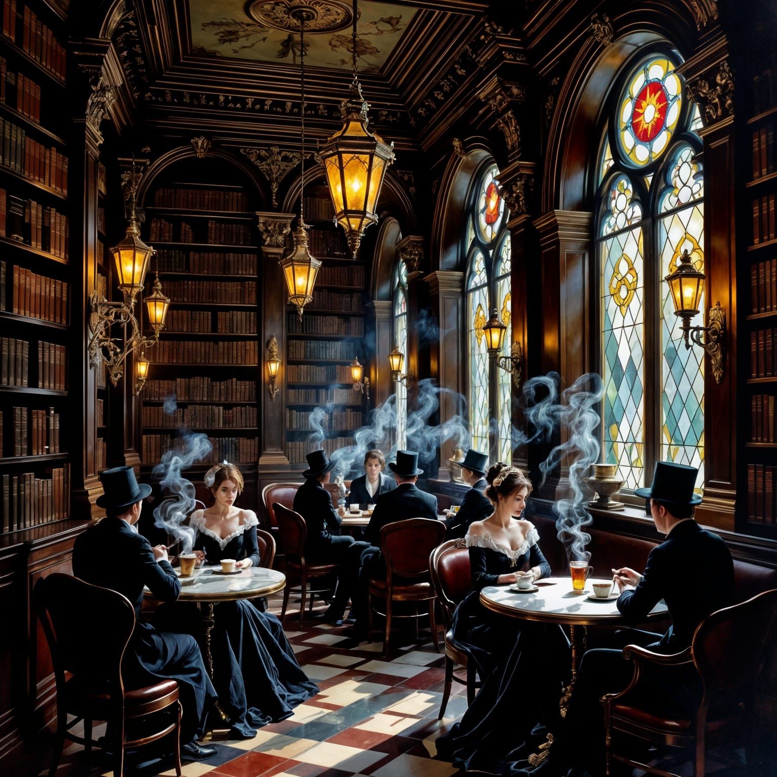 Atmospheric Victorian Cafe Oil Painting