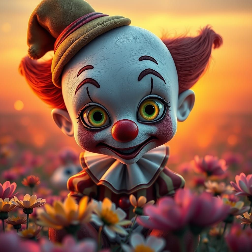 Whimsical Cartoon Clown in Vibrant Sunset Field