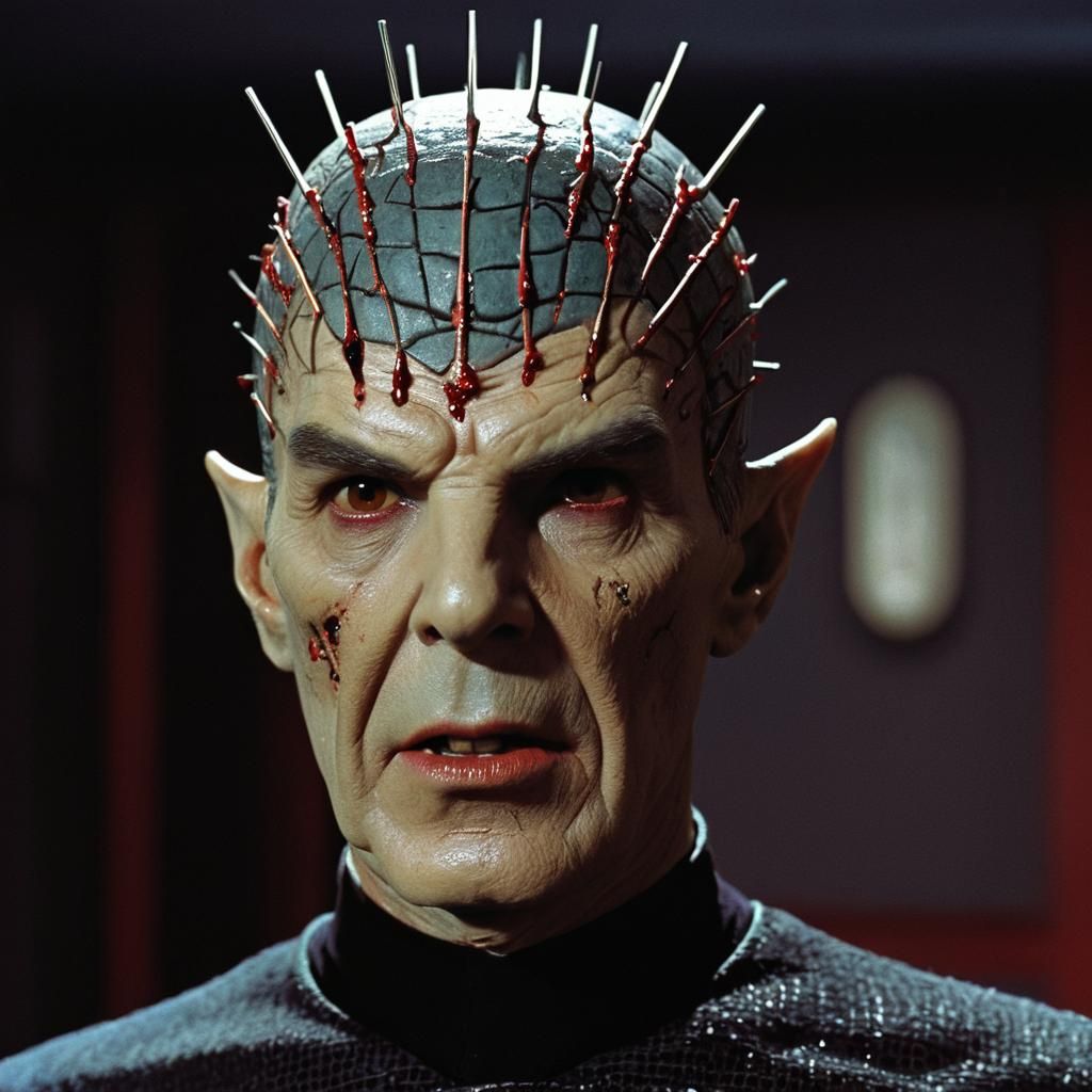 Star Treks Mr Spock as Pin head from Hellraiser. Eyes bleedi...