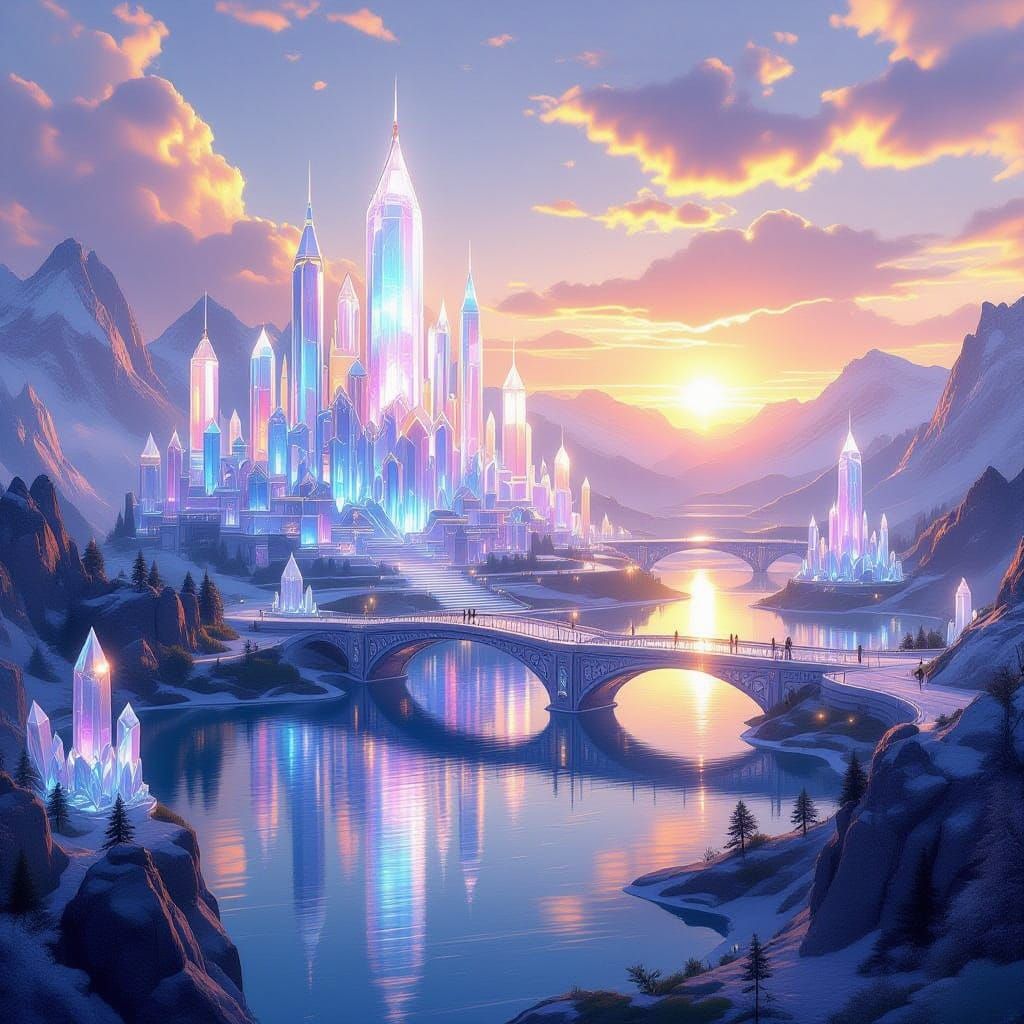Crystal Kingdom Sunrise Over Floating Bridges