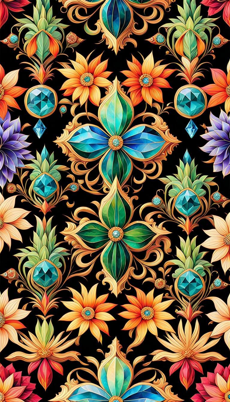 Baroque Flowers and Jewels Seamless Pattern