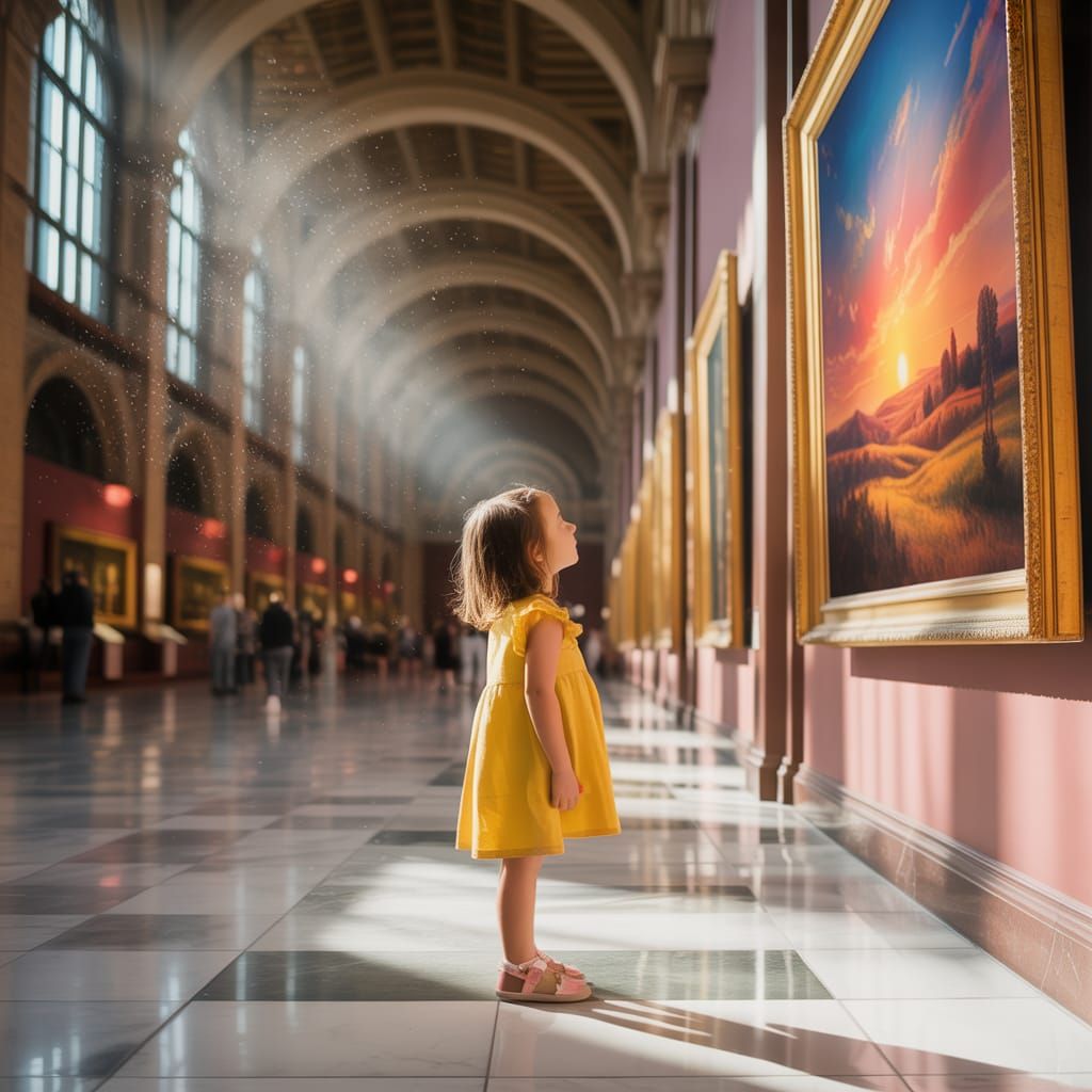 Girl in Yellow Dress Gazes at Art in Grand Museum Hall