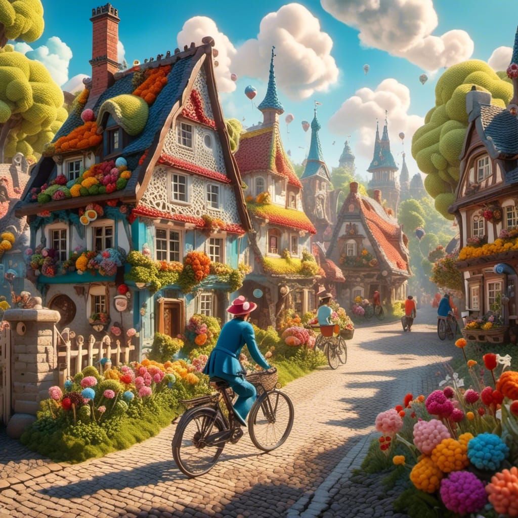 Man Cycling in Danish Village, Candy Art Style