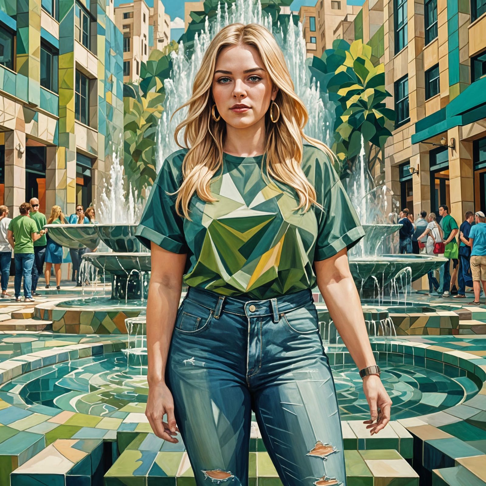 Heavyset Woman Posing in Cubist Art Deco Style