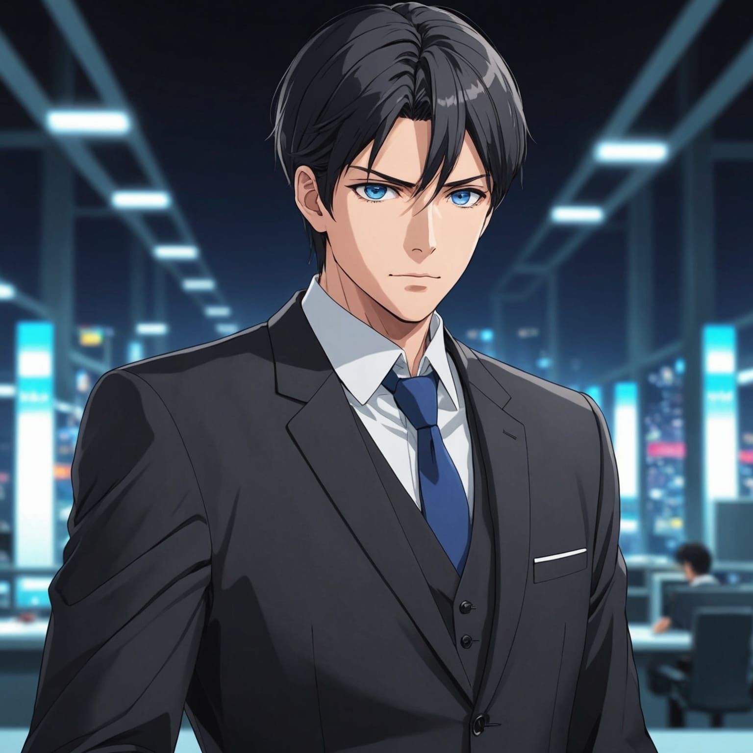 Handsome Anime Man in Black Suit, Cel-Shaded Style