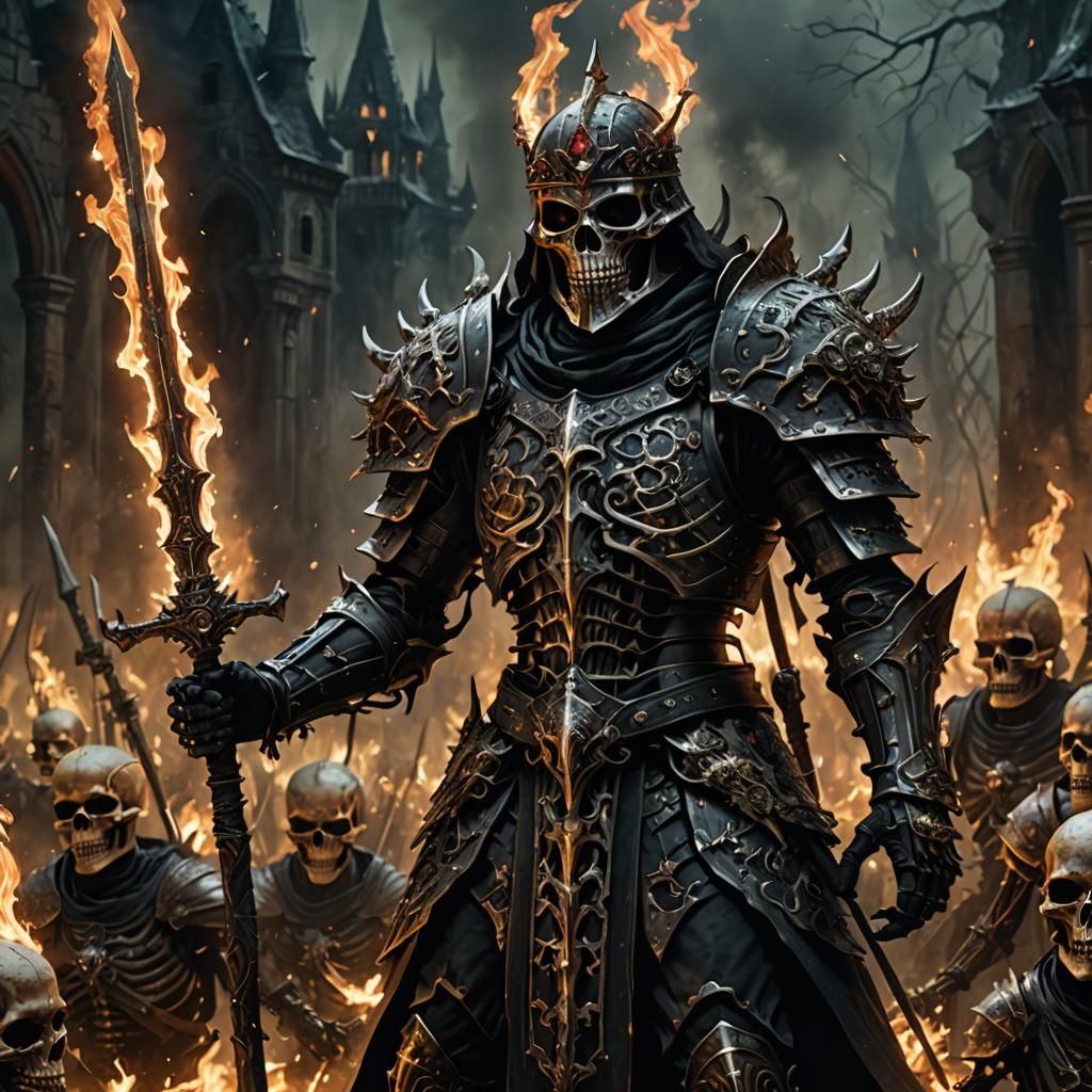 Dark Fantasy Warrior Surrounded by Skeletons in Epic, High-R...