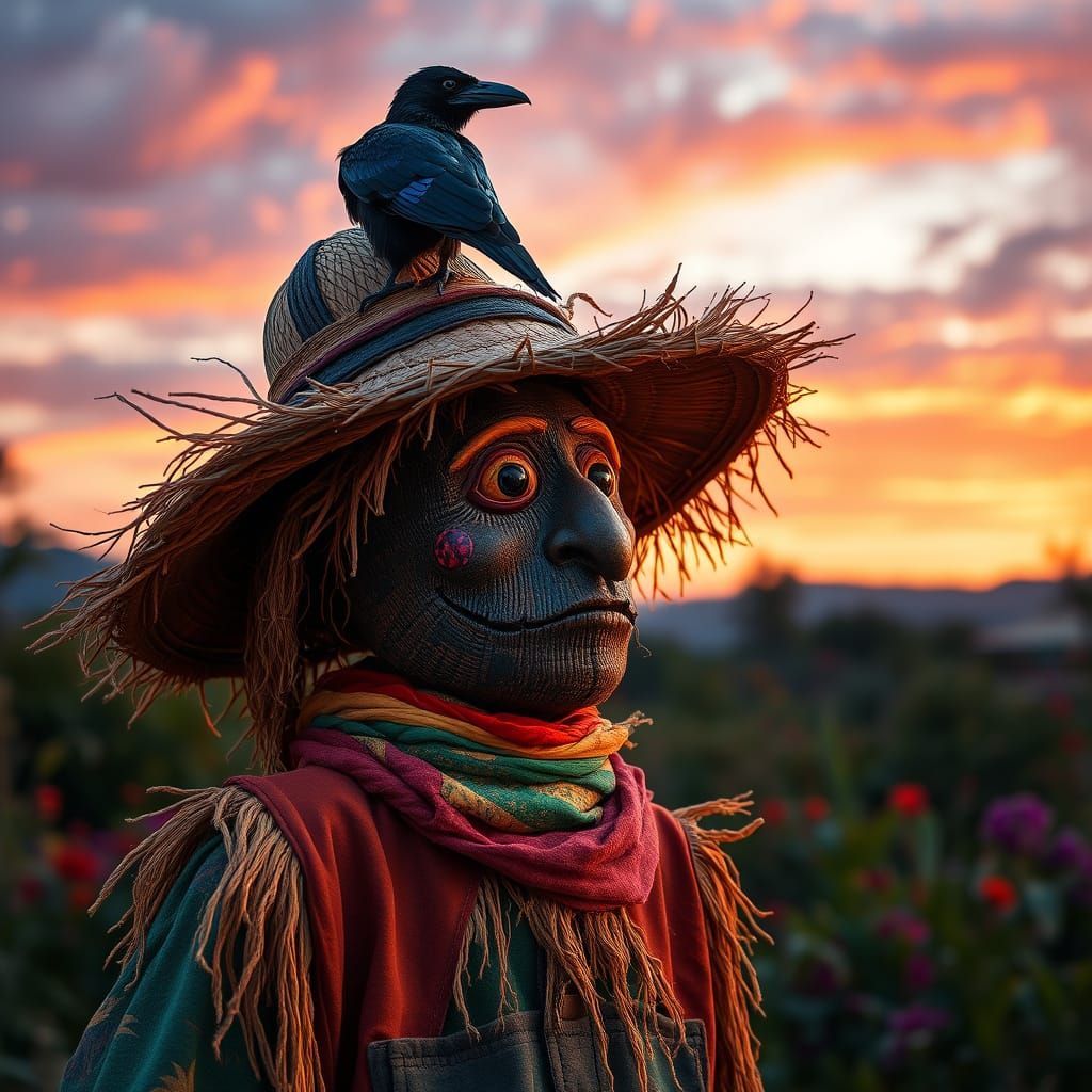 Jamaican Scarecrow at Dusk in Vibrant Landscape