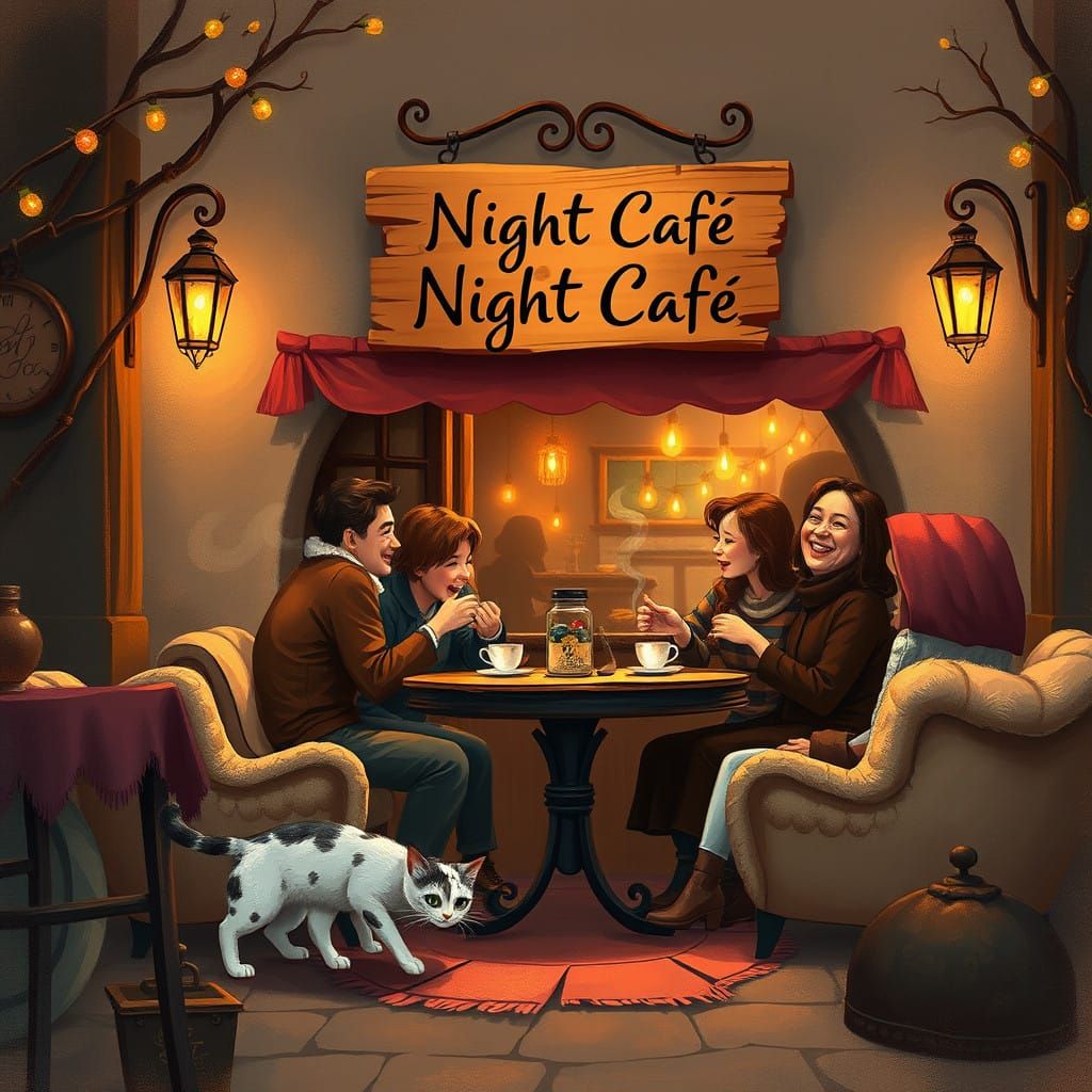 Whimsical Coffeehouse Scene by Night