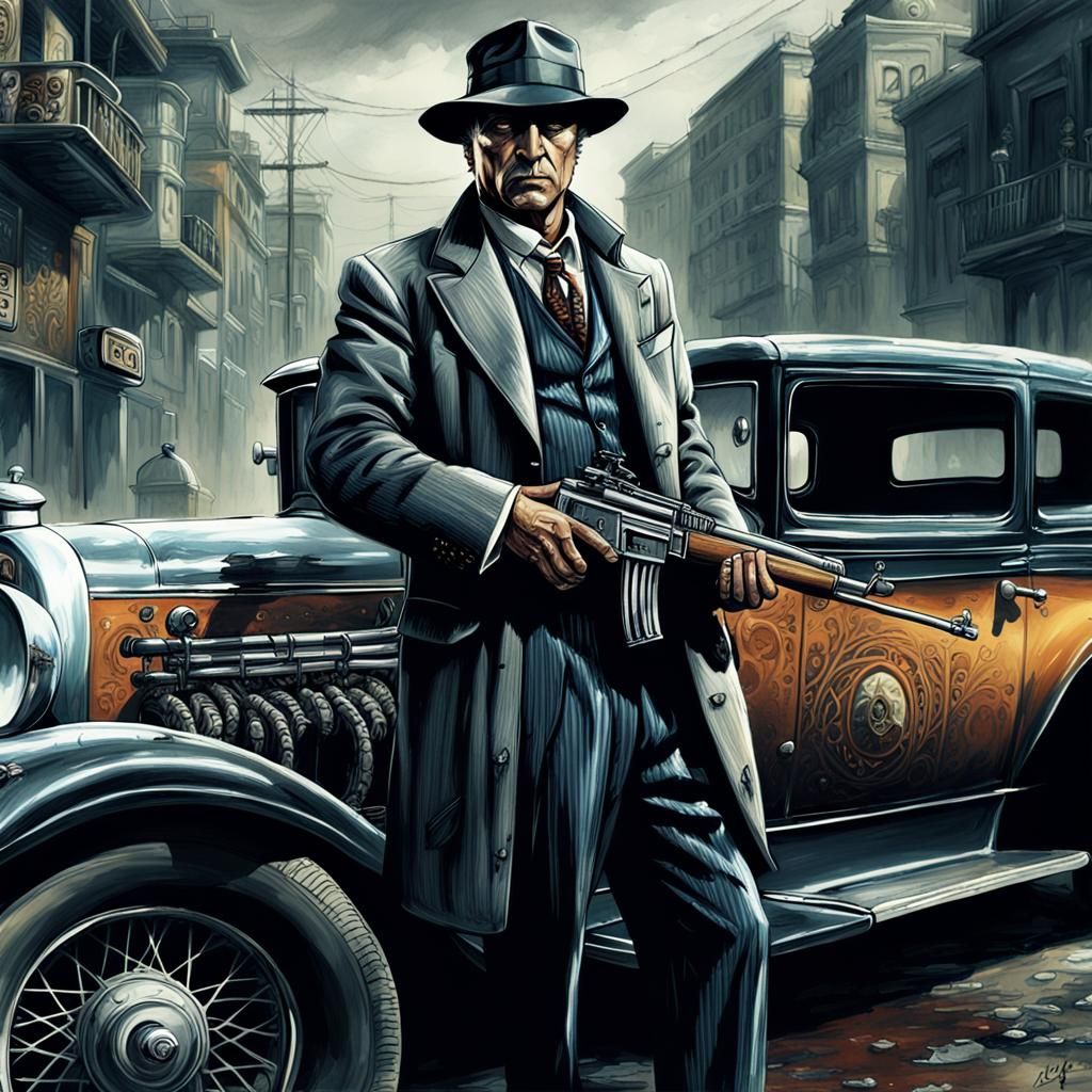 Gangster with Tommy Gun and Classic Car