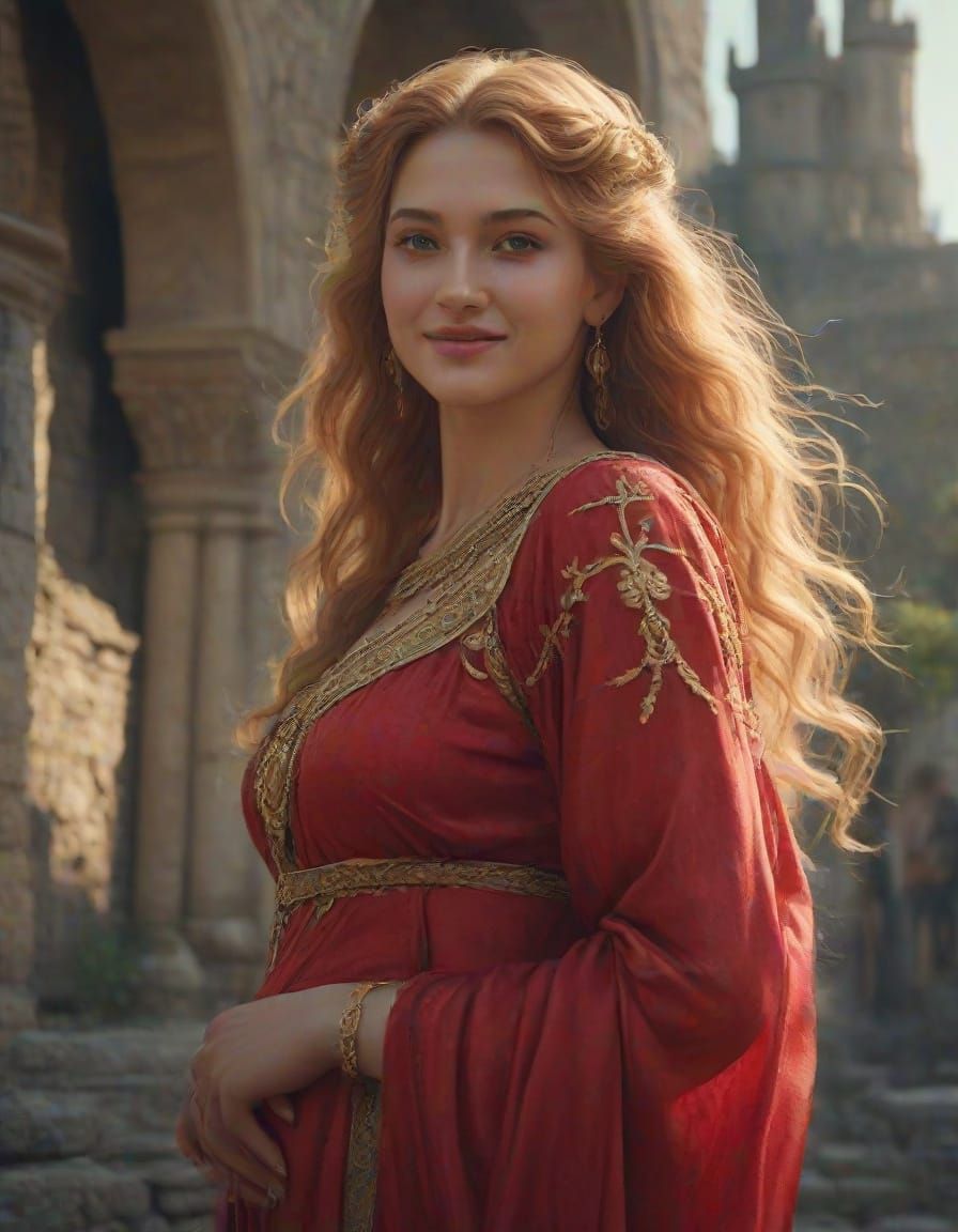 Ancient Roman Goddess in Ruby Red Silk with Mint Green Eyes