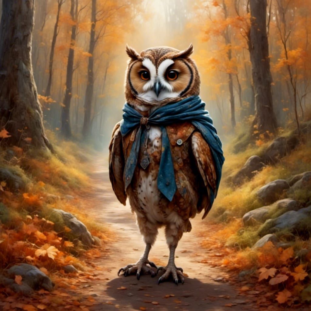 Anthropomorphic Owl Strolls Through Autumn Forest