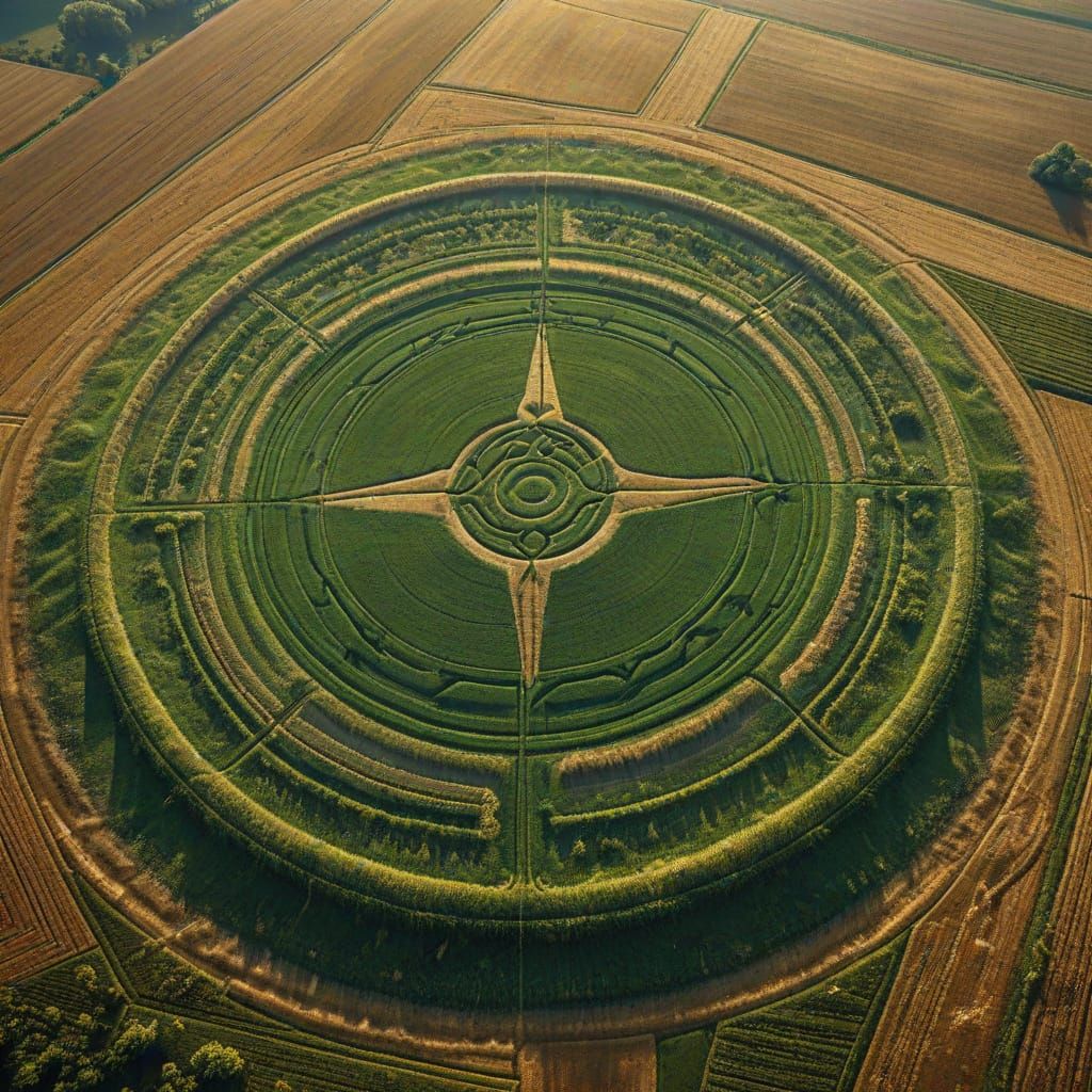 Detailed Crop Circles in Aerial View, Hyperrealistic Digital...