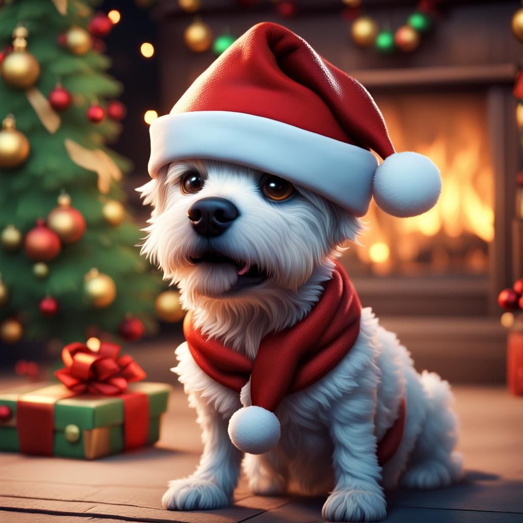 Festive Christmas Dog Cartoon Character in Detailed Matte Pa...
