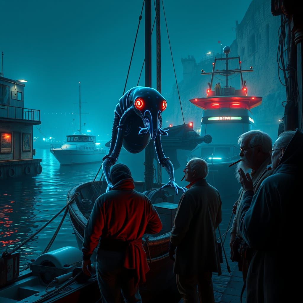 Cyberpunk Naples Harbor Overtaken by Alien Traffickers