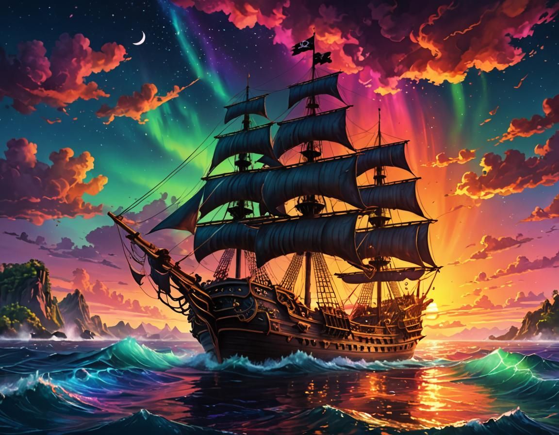Pirate Ship at Sea in Splash Art Style