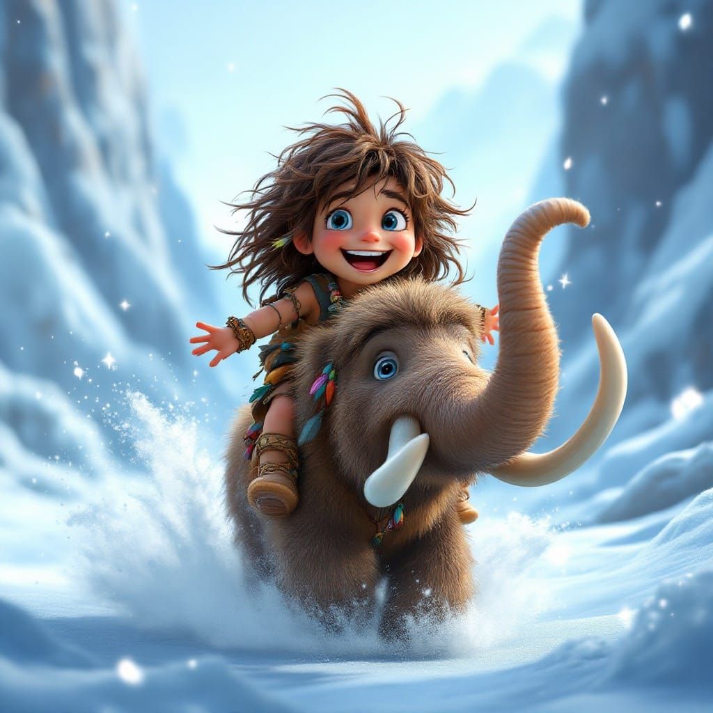 Cave Boy Rides Joyful Baby Wooly Mammoth in Majestic Ice Age...