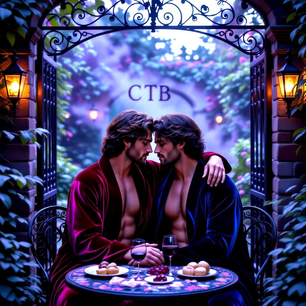 Lovers Embrace in Moody Twilight Garden Courtyard