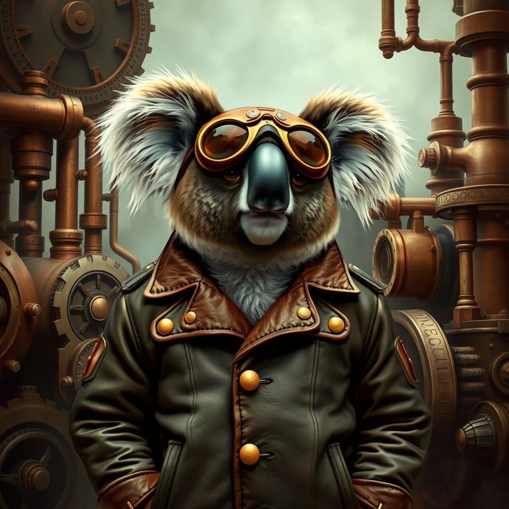 Steampunk Koala Bear Aviator in Industrial Fantasy