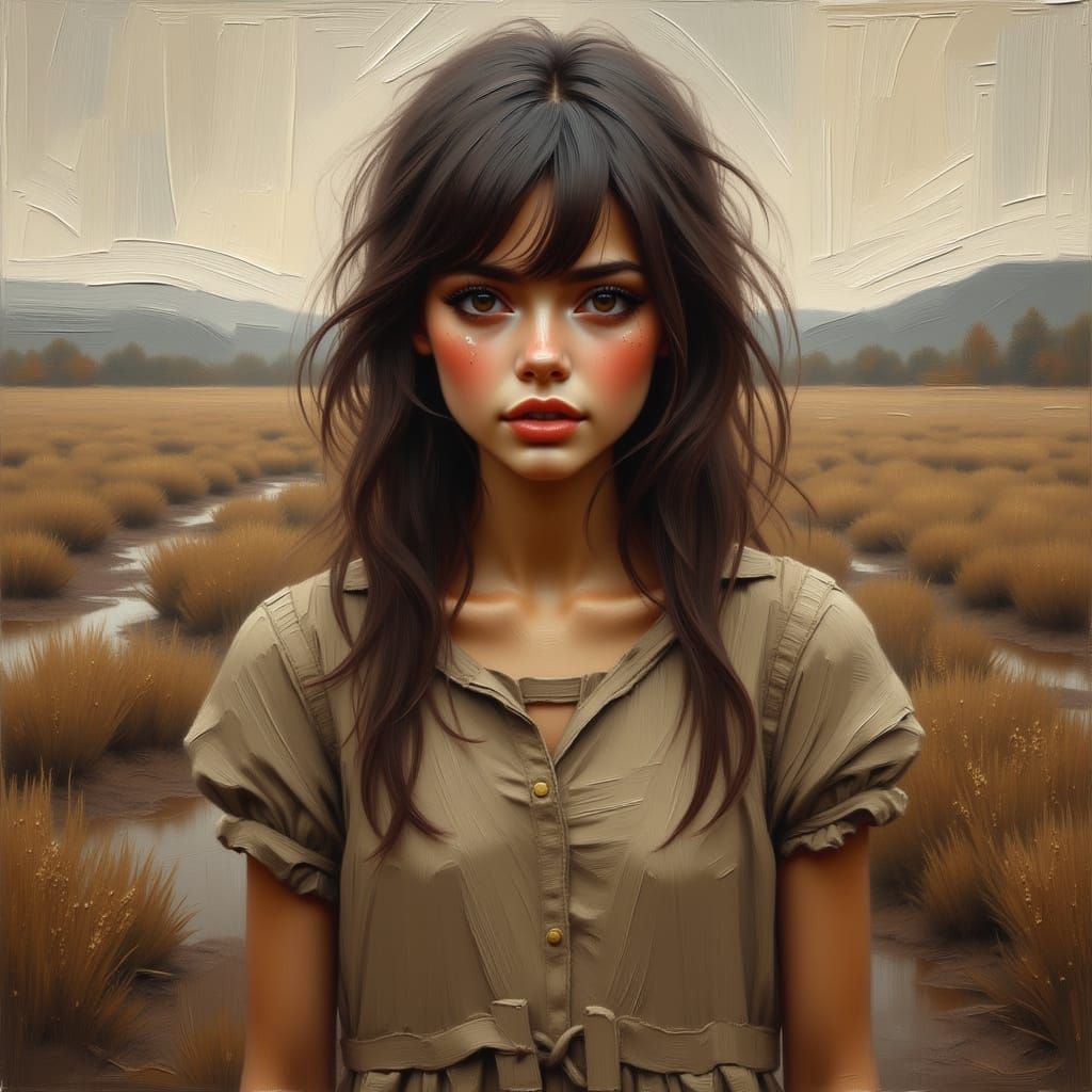 Distressed Girl in War-Torn Landscape, Oil Painting
