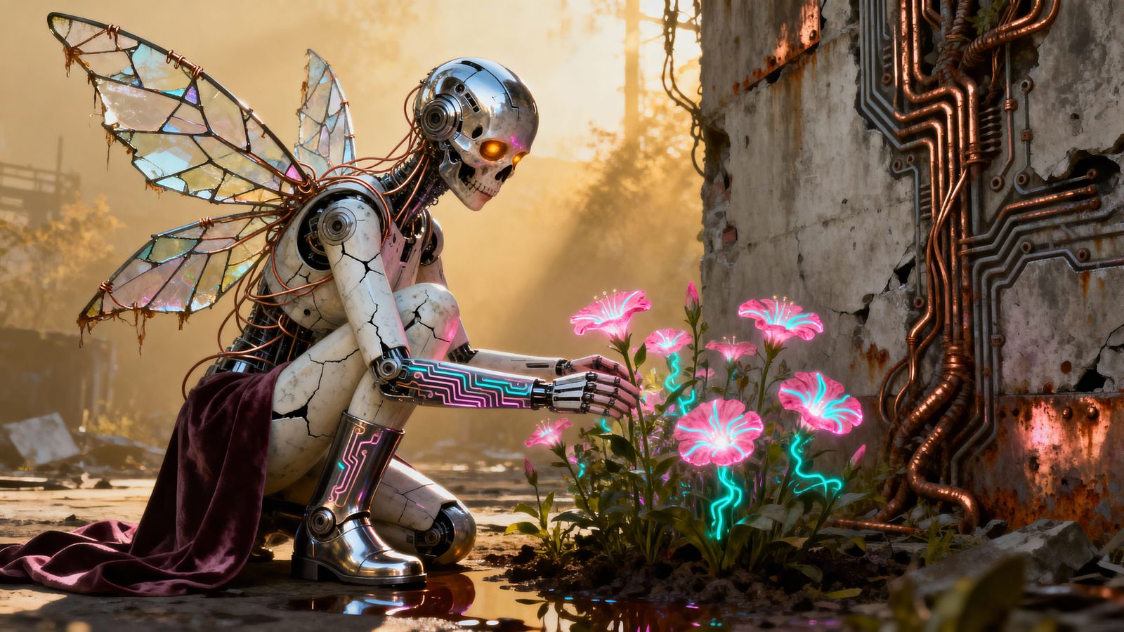 Melancholic Cyborg Angel of Death Tends Bioluminescent Garde...