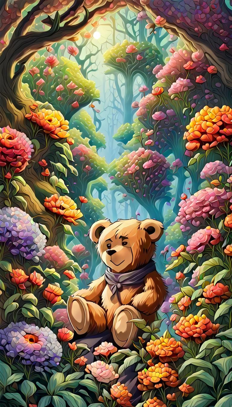 Teddy Bear in Alien Jungle as Digital Illustration