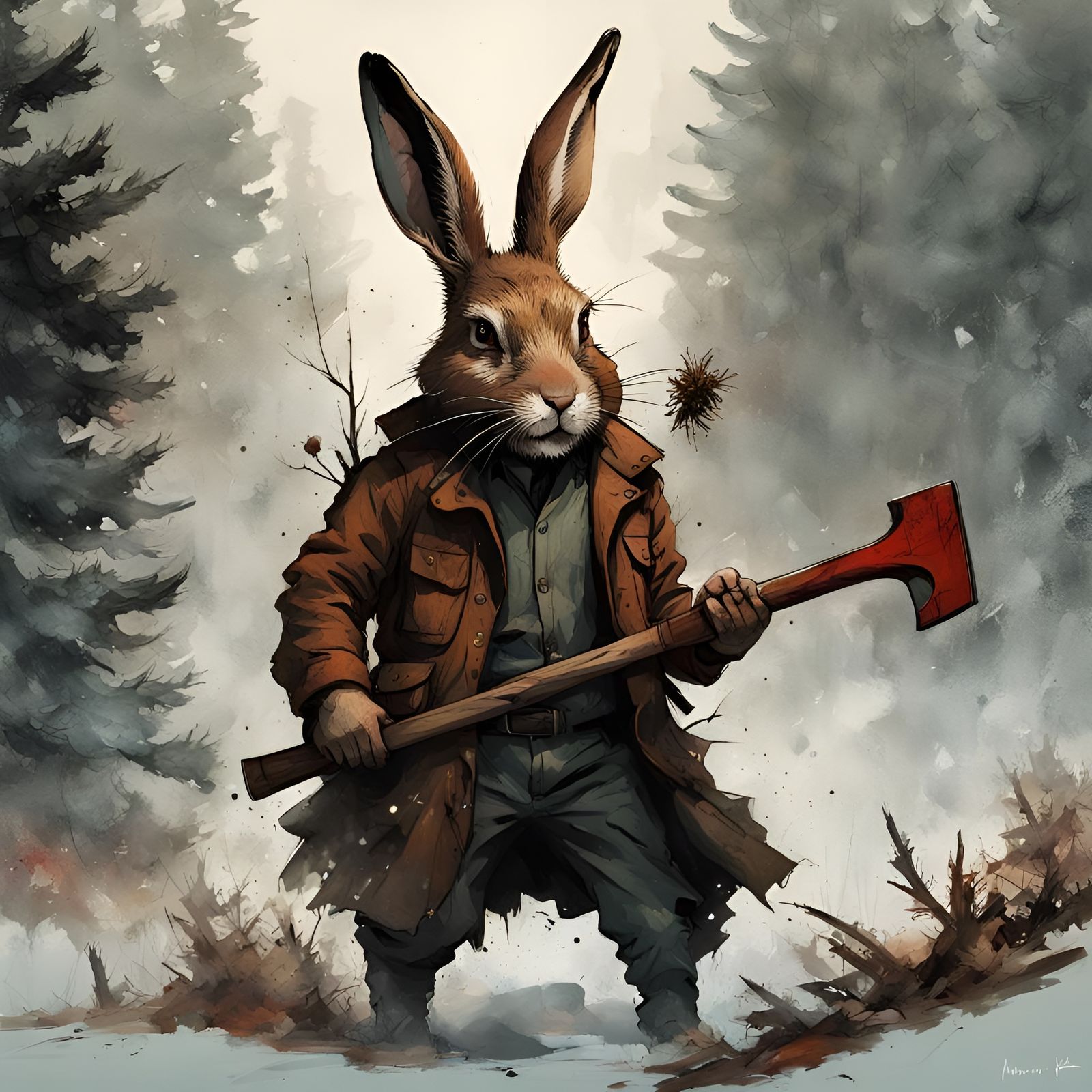 Angry Rabbit with Axe in Hyperrealistic Style