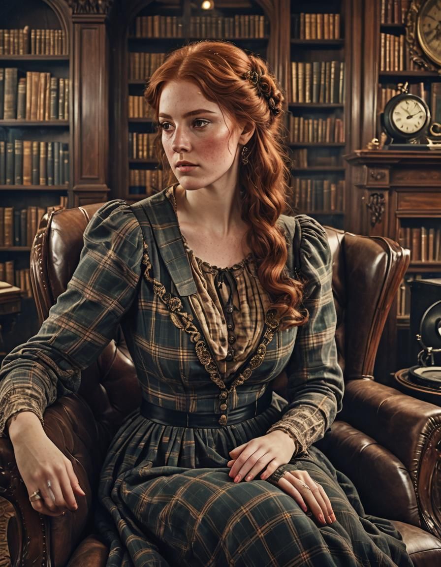 Victorian Woman Listening to Phonograph in Mansion