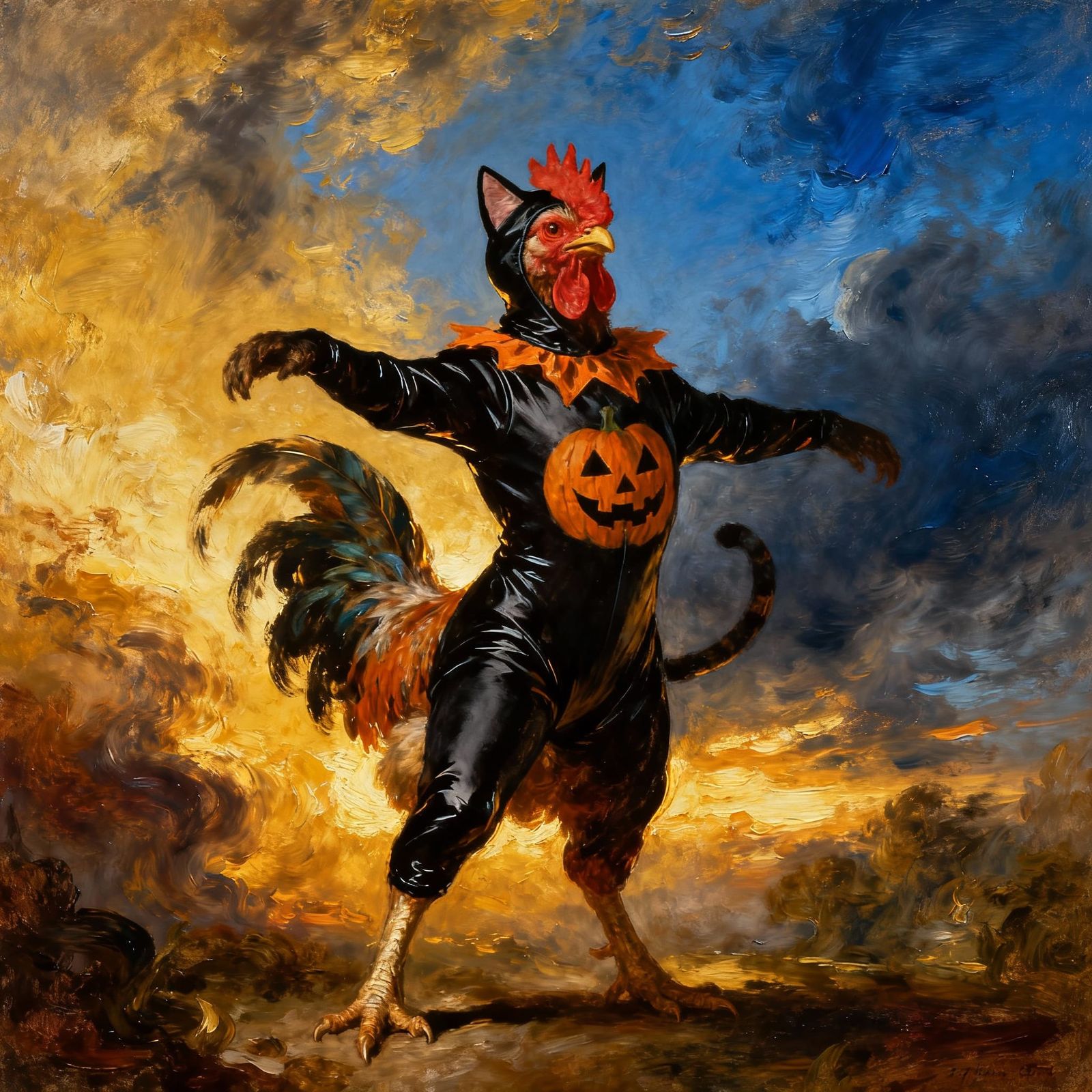 Rooster in Suit with Glowing Pumpkin, Romantic Style