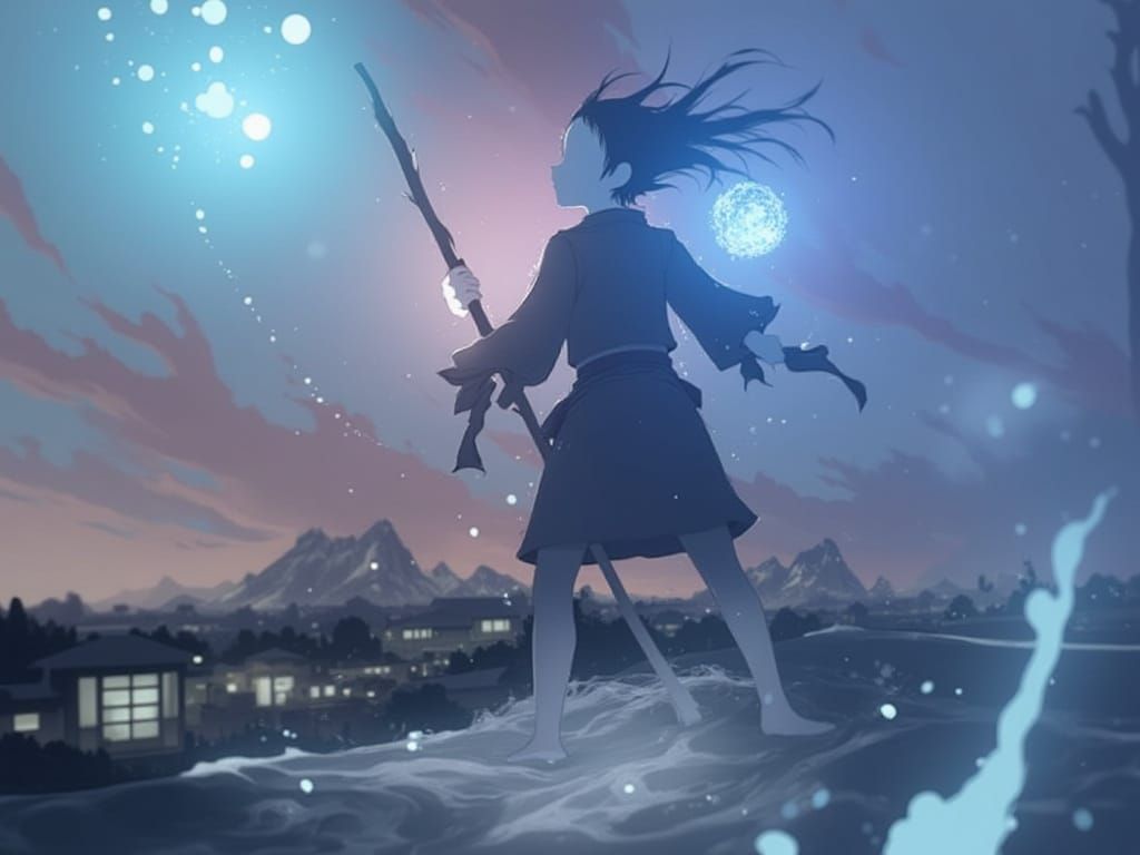 Young Apprentice in Serene Japanese Village at Dusk