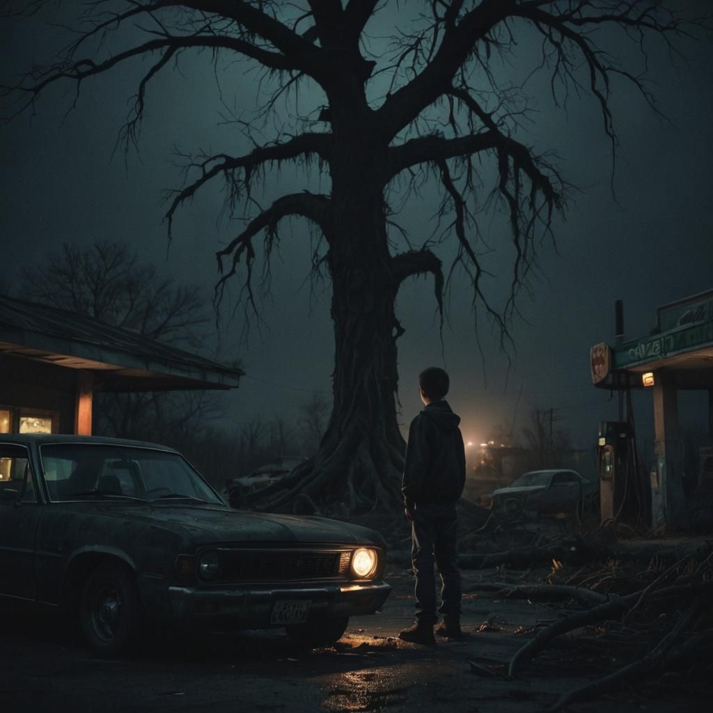 Eerie Gas Station Encounter in Dark Fantasy Art