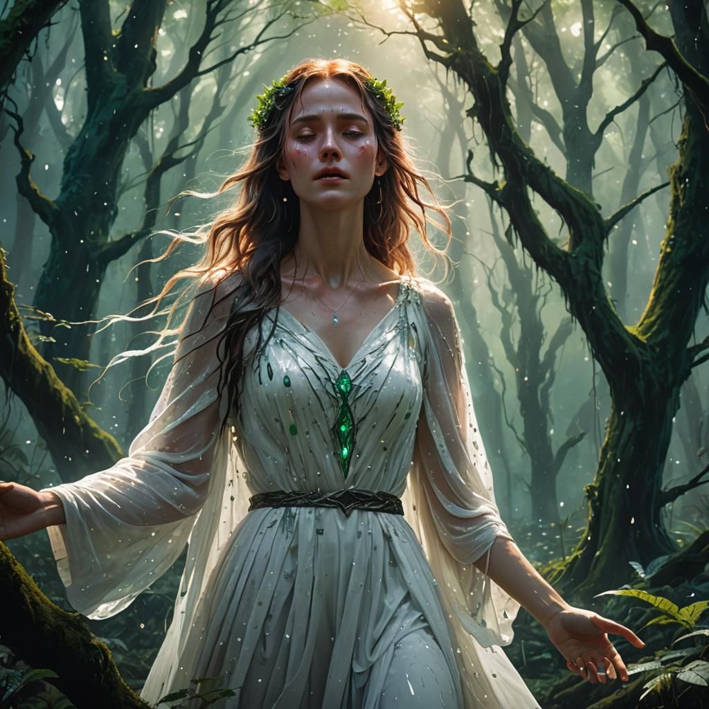 Girl Weeping in Eerie Forest: Fantasy Concept Art
