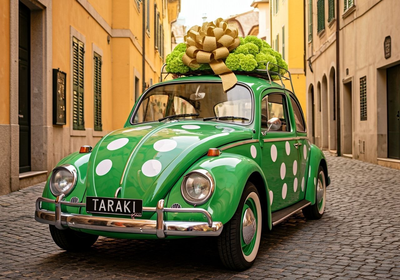 Vintage Green VW Beetle Overflowing with Carnations