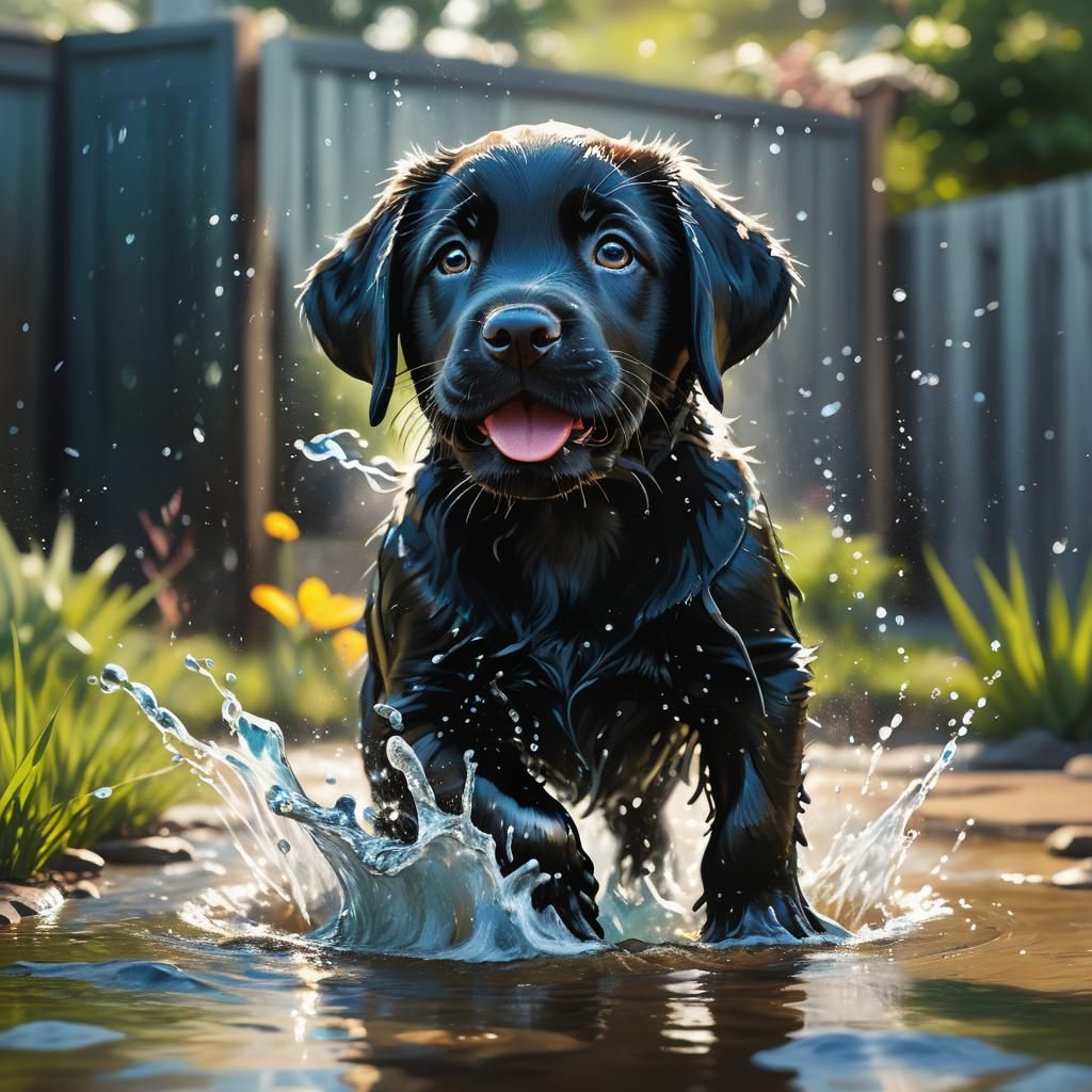 Hyperrealistic Black Lab Puppy Splash Art