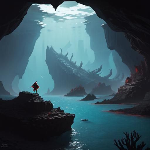 Sinister Black Crab in Underwater Cave, Digital Art