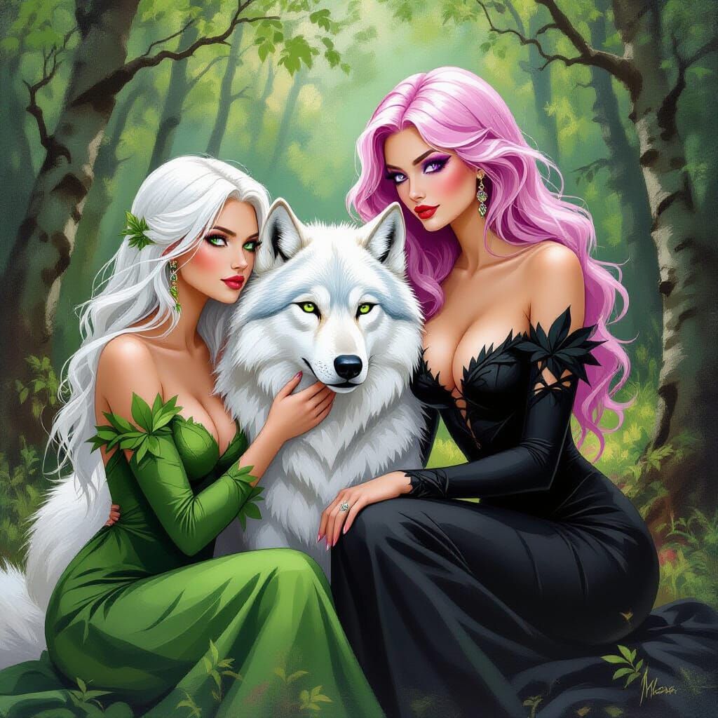 Woman with Wolf in Lush Forest, Gouache and Watercolor Style